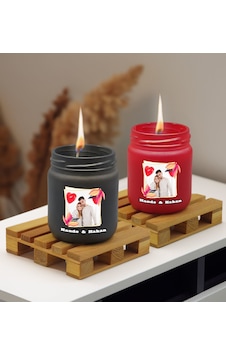 Bk Gift Kişiye Özel Dtf İsimli Fotoğraflı 2 Li Siyah Ve Kırmızı Renkli Cam Kavanozda Kokulu Mum-1, Arkadaşa Hediye, Sevgiliye Hediye