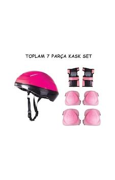 Bisiklet Scooter Kaykay İçin Kask Dizlik Dirseklik Koruyucu Set Tam 7 Parça - Pembe Pembe