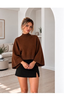 Lima Kahve Kadın Yarım Balıkçı Yaka Yarasa Kol Oversize Crop Triko Kazak Lima Kahve Kadın Yarım Balıkçı Yaka Yarasa Kol Oversize Crop Triko Kazak