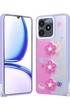 Realme C53 Kılıf Parlayan Simli Kabartma Figürlü Zore Cevze Kapak Mor Papatya