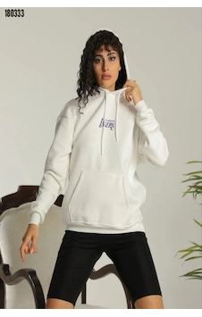 Modayakamoz 24 Sırt Baskılı Ovresize Üç İplik Kapüşonlu Sweatshirt Beyaz Beyaz