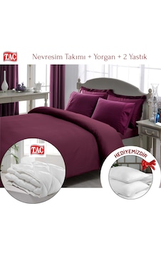 Taç Çift Kişilik Premium Basic Stripe Saten Nevresim Takımı Yorgan Yastık Mürdüm Taç Çift Kişilik Premium Basic Stripe Saten Nevresim Takımı Yorgan Yastık Mürdüm