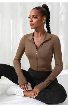 Fantezia Night Kadın Bordo Uzun Kol Fermuarlı Parmak Geçme Detaylı Dik Yaka Crop Top Bluz kahverengi