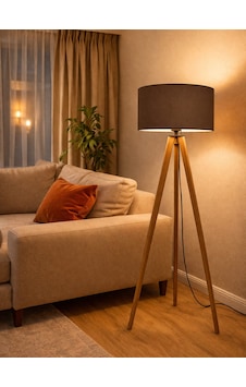 Tripod Lambader 3 Ayaklı Ahşap Kahverengi Abajur Kumaş Başlık Köşe Aydınlatma