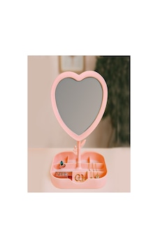Led Işıklı Pembe Kalpli Organizer Makyaj Aynası Pembe Pembe