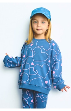 Defacto Kalp Desenli Bisiklet Yaka Sweatshirt Esnek Belli İspanyol Paça Alt 2li Takım Kız Bebek I3663a526wnbe341 Mavi-be341