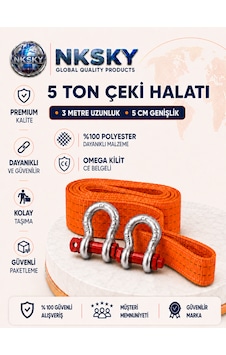 Nksky Ce Belgeli 5 Ton Araç Çekme Halatı 3 Metre 5 Cm Genişlik Omega Kilitli Oto Çeki Halatı Turuncu