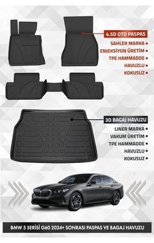 Bmw G60 5 Serisi 2024 Ve Sonrası Uyumlu 4.5d Pro Premium Havuzlu Oto Paspas Ve Liner Bagaj Havuzu