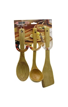 3pcs Ahşap Bambu Mutfak Servis Seti Kaşık 27cm - Kepçe 27cm - Spatula 32cm 5728 Çok renkli