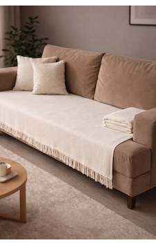 Pamuklu Koltuk Örtüsü 115x200 Cm Çekyat Ve Kanepeler İçin Koruyucu Önden Saçaklı Dekoratif Kaymaz Ekru