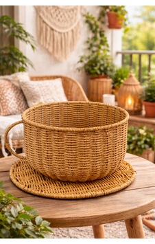 Hasır Rattan Tabaklı Saksı Kulplu Fincan Model Sepet Dekor Açık Sarı