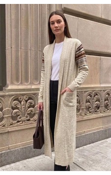 Onno Style Women Kilim Desen Uzun Triko Kadın Hırka Ekru
