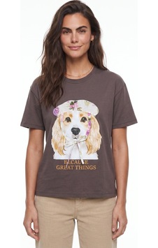 Onloox Kadın Kahverengi Kahverengi Esnek Kumaş Bisiklet Yaka Kısa Kollu Basic Form Köpek Baskılı Payetli T-shirt Onloox Kadın Kahverengi Kahverengi Esnek Kumaş Bisiklet Yaka Kısa Kollu Basic Form Köpek Baskılı Payetli T-shirt