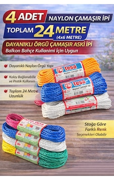 4 Adet Naylon Çamaşır İpi 6 Metre Dayanıklı Örgü Çamaşır Askı İpi Toplam 24 Metre Beyaz - Siyah 4 Adet Naylon Çamaşır İpi 6 Metre Dayanıklı Örgü Çamaşır Askı İpi Toplam 24 Metre Beyaz - Siyah