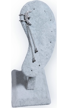 Earcuff Çelik Zirkon Taşlı Ayyıldızlı Zincir Sallantılı Gümüş Renk Kıkırdak Küpe