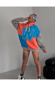 Velmora Fashion Kadın W Nakış İşlemeli Kapüşonlu 3 İplik Pamuklu Parçalı Sweatshirt Hoodie - Mavi