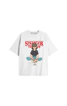 Gries Stranger Things Oversize Ünisex T-shirt Beyaz Sarı