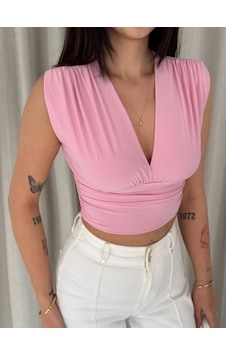 Tarzyeri Kadın Vatkalı Kolsuz V Yaka Drapeli Crop Bluz Likralı Fit - Pembe