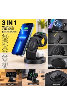 İphone 18 Pro Uyumlu 3 Ü 1 Arada Manyetik Kablosuz Şarj Standı Telefon, Akıllı Saat Ve Kulaklık Şarj İstasyonu Siyah İphone 18 Pro Uyumlu 3 Ü 1 Arada Manyetik Kablosuz Şarj Standı Telefon, Akıllı Saat Ve Kulaklık Şarj İstasyonu Siyah