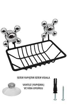 Vidalı Ve Vantuzlu Siyah Renk Sabunluk Şampuanlık Mutfak Banyo Lavabo İçin Uygundur Siyah