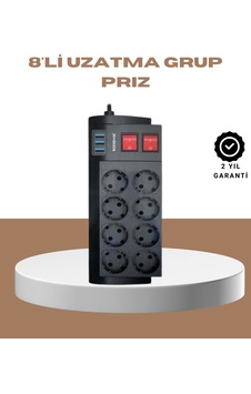 Güçlü Termal Korumalı 8 Priz + 3 Usb Çoklu Uzatma Kablosu 2m Cn Güçlü Termal Korumalı 8 Priz + 3 Usb Çoklu Uzatma Kablosu 2m Cn