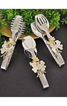 Paslanmaz Çelik Servis Seti Salata Maşası Pasta Küreği Kepçe Servis Kaşığı Çatalı Gold & Çiçek Desenli Gümüş - Gri Paslanmaz Çelik Servis Seti Salata Maşası Pasta Küreği Kepçe Servis Kaşığı Çatalı Gold & Çiçek Desenli Gümüş - Gri