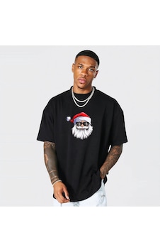 Barlashive Yılbaşı Gözlüklü Noel Baba Baskılı Kısa Kollu Oversize Bisiklet Yaka T-shirt - Siyah Çok Renkli