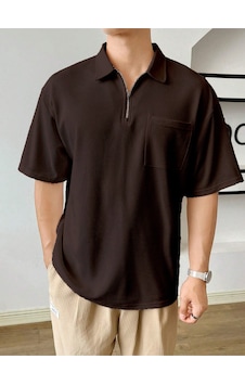 Genius Store Erkek Oversize Polo Yaka Waffle T-shirt Poloyaka-fermuarlı Kahverengi Genius Store Erkek Oversize Polo Yaka Waffle T-shirt Poloyaka-fermuarlı Kahverengi