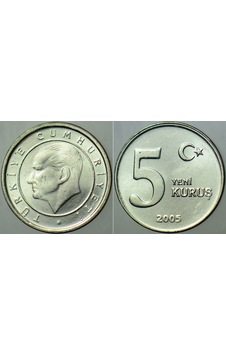 Türkiye Cumhuriyeti 5 Yeni Kuruş 2005. Çil Kondisyon. Türkiye Cumhuriyeti 5 Yeni Kuruş 2005. Çil Kondisyon.