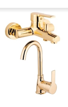 Eshome Eskaya 2 Li Set Kaliteli Gold Renk Lüx Gövde Banyo Ve Banyo Lavabo Musluğu Bataryası Altın