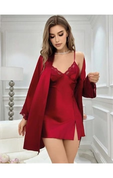 Civetta Bordoince Askılı Saten 2'li Gecelik Sabahlık Takımı Bordo Civetta Bordoince Askılı Saten 2'li Gecelik Sabahlık Takımı Bordo