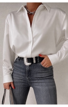 Genel Markalar Yeni Sezon Kadın Beyaz Pamuk Saten Gömlek-emmas Clothing Beyaz Beyaz