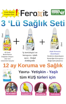 Evde Bakılan Kuşlara Özel 3'lü Bakım Seti - 42 Çeşit Multivitamin, İştah Açıcı Ve Dışkı Düzenleyici 3x25ml Evde Bakılan Kuşlara Özel 3'lü Bakım Seti - 42 Çeşit Multivitamin, İştah Açıcı Ve Dışkı Düzenleyici 3x25ml