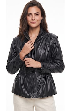 Onloox Kadın Siyah Siyah Suni Deri Kruvaze Yaka Beli Lastikli Detaylı Polyester Karışımlı Uzun Kollu Ceket Onloox Kadın Siyah Siyah Suni Deri Kruvaze Yaka Beli Lastikli Detaylı Polyester Karışımlı Uzun Kollu Ceket