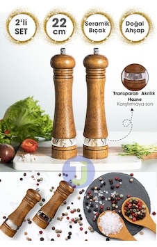 Technojet 2 Adet Doğal Ahşap Karabiber Tuz Kahve Baharat Öğütücü Ahşap Değirmen Tuzluk Biberlik 2li Set 22cm Akrilik 2li Set 22cm Akrilik