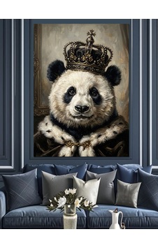 Taç Giymiş Kral Panda Portresi Dekoratif Kanvas - Mdf Ahşap Tablo