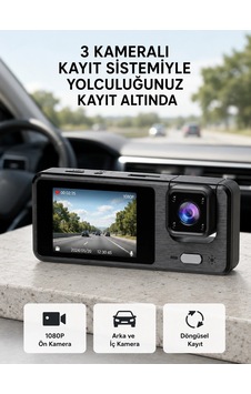 Park Modlu 3 Kameralı Araç Kayıt Cihazı 1080p Ön Kamera 2 Ekran 08738357 Park Modlu 3 Kameralı Araç Kayıt Cihazı 1080p Ön Kamera 2 Ekran 08738357