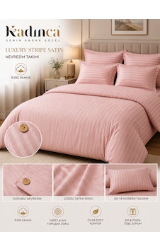 Luxury Stripe Pamuk Saten Nevresim Takımı 6parça Pembe Luxury Stripe Pamuk Saten Nevresim Takımı 6parça Pembe