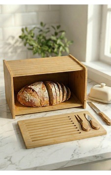 Doğal Bambu Kapaklı Ekmek Kutusu & Doğal Bambu Ekmek Dolabı 23x38x20 Cm