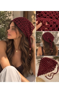 Algebutik Bordo El Örgüsü Bağcıklı Bere / Örgü Şapka