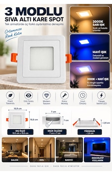 3w+3w 3 Modlu Sıva Altı Kare Led Spot 3000k Sarı Işık + Mavi Işık 10,5x10,5 Cm 7x7 Cm Delik Ölçüsü Beyaz 3w+3w 3 Modlu Sıva Altı Kare Led Spot 3000k Sarı Işık + Mavi Işık 10,5x10,5 Cm 7x7 Cm Delik Ölçüsü Beyaz