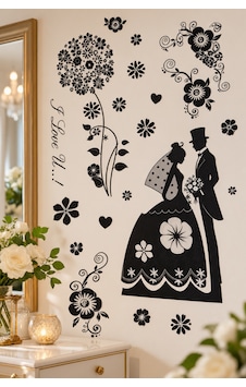 3d Simli Gelin Damat Duvar Stickerı 32x50 Cm Siyah Beyaz Çiçekli Düğün Nişan Duvar Dekorasyonu Renkli