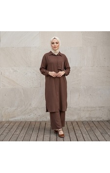 Ellovia Uzun Tunik Pantolon Takım Tesettüre Uygun Kahverengi Ellovia Uzun Tunik Pantolon Takım Tesettüre Uygun Kahverengi