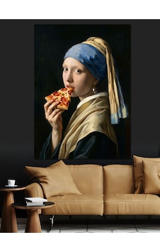 Pizza Yiyen İnci Küpeli Kız Dekoratif Kanvas - Mdf Ahşap Tablo