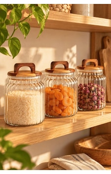 Atbyhome 3'lü Kulplu Ahşap Kapaklı Çizgili Borosilikat Cam Kavanoz Seti 1150ml - Vakumlu Büyük Boy Erzak Kabı Ahşap - Şeffaf Atbyhome 3'lü Kulplu Ahşap Kapaklı Çizgili Borosilikat Cam Kavanoz Seti 1150ml - Vakumlu Büyük Boy Erzak Kabı Ahşap - Şeffaf
