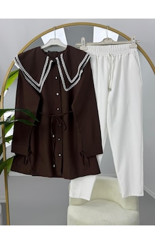 Lovie Moda Vintage Yaka Pantolonlu Takım Kahverengi