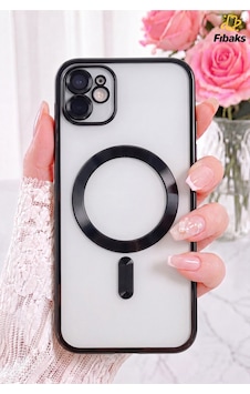 Fibaks iPhone 11 Uyumlu Kılıf Kamera Lens Korumalı Magsafe Şarj Kilifi Şeffaf Renkli Yumuşak Kapak Siyah