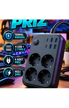 Termal Korumalı Çoklu Uzatma Prizi 4 Priz, 4 Usb Ve 2 Type-c Hızlı Şarj Diğer Termal Korumalı Çoklu Uzatma Prizi 4 Priz, 4 Usb Ve 2 Type-c Hızlı Şarj Diğer