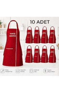 10 Adet Mutfak Önlüğü Kırmızı Unisex Nakış Ayarlanabilir Boyun Askılı Cepli Önlük