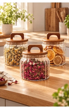 Atbyhome 3'lü Kulplu Ahşap Kapaklı Çizgili Borosilikat Cam Kavanoz Seti 850ml - Vakumlu Büyük Boy Erzak Kabı Ahşap - Şeffaf Atbyhome 3'lü Kulplu Ahşap Kapaklı Çizgili Borosilikat Cam Kavanoz Seti 850ml - Vakumlu Büyük Boy Erzak Kabı Ahşap - Şeffaf